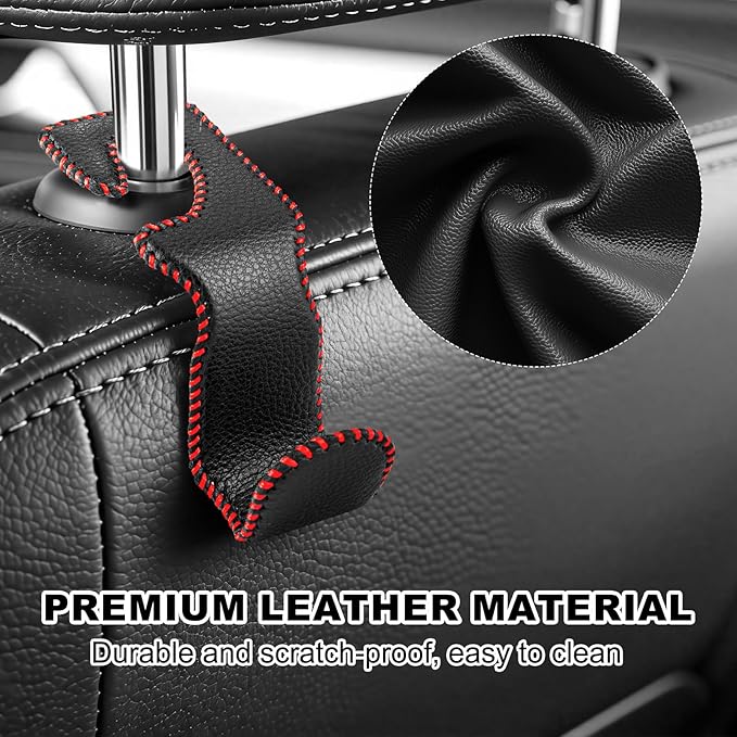 Car Seat Hooks for Purses and Bags, 4 Pack Car Purse Holder for Grocery Bag Handbag Clothes, Metal Headrest Hooks Covered by Leather, Black Red