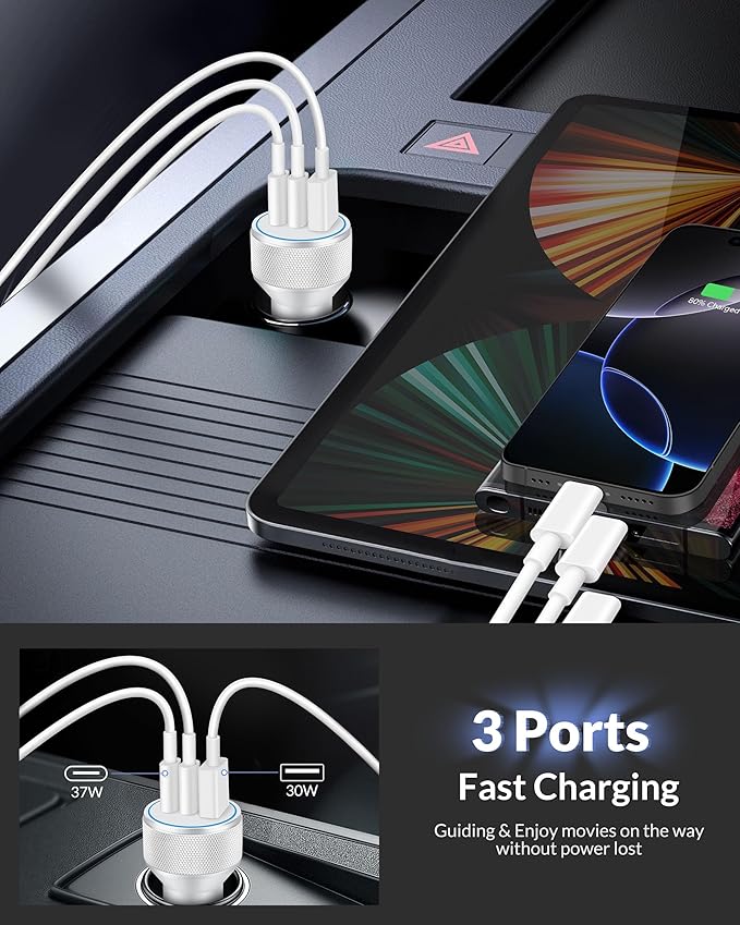 iPhone 17e/17/17 Pro Max Car Charger Fast Charging, 2-Pack 67W 3-Port Fast USB C Car Charger Adapter Cigarette Lighter with 3FT Type C Cable Cord for iPhone 17e/17/17 Pro Max/16/15 Pro Max/Plus, iPad