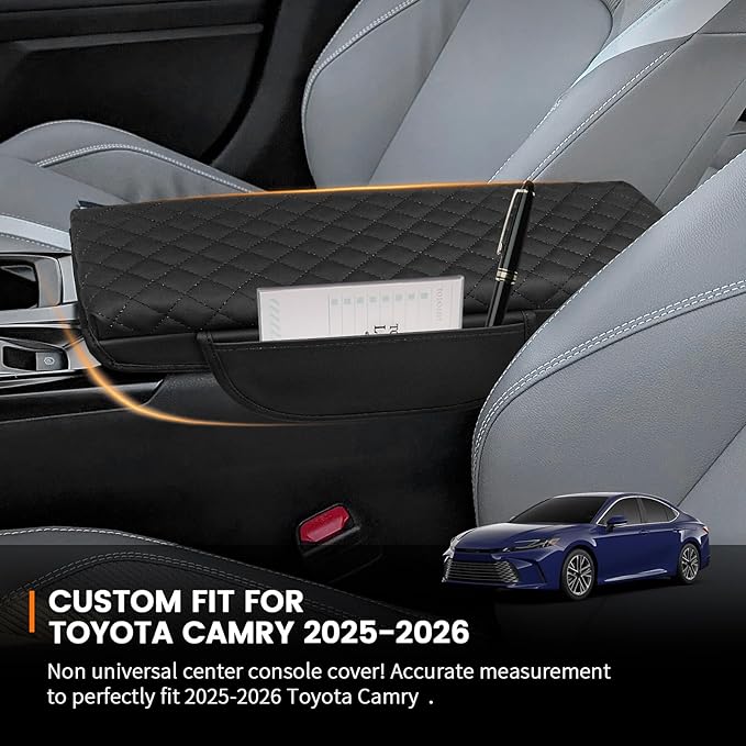 Custom for Center Console Cover 2025 2026 Toyota Camry Armrest Cover Accessories PU Leather Armrest Seat Box Cover Protector with Pockets Storage Bag