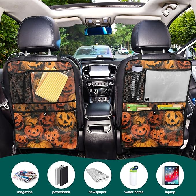 2 Pack Back Seat Car Organizer with Storage Pockets Kick Mats Back Seat Protector Hanging Car Organizer Automotive Seat Back Cover Organizers Cartoon Orange Halloween Pumpkin Lanterns