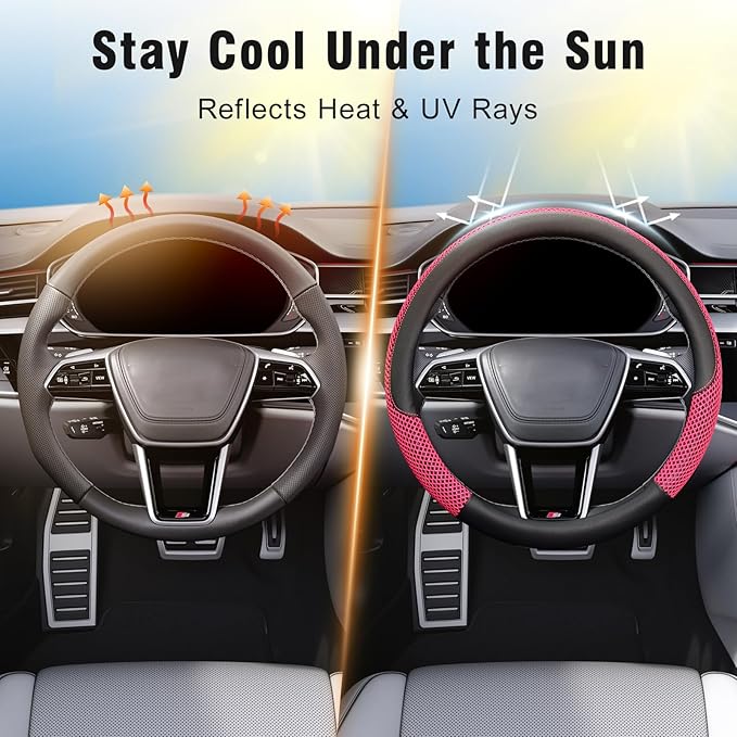 KAFEEK 15 inch Steering Wheel Cover, Cooling Ice Silk Mesh with Microfiber Leather, Heat Resistant, Breathable, Anti-Slip, Summer Cool, Universal Fit, Black & Red