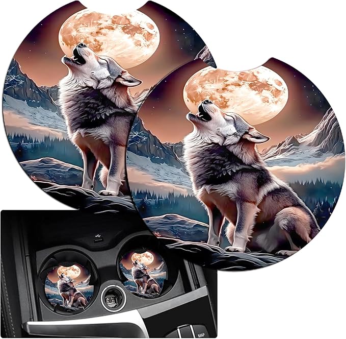 JANENFNA Car Armrest Cover Pads Universal Fashion Cute Auto Center Console Armrest Cover Pad with 2PCS Car Coasters Soft Waterproof Car Armrest Seat Protector for Women,Wolf Moon Howl-A