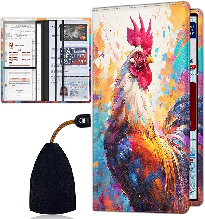 Car Registration Holder, Waterproof PU Leather Vehicle Card Document Glove Box Organizer, Women Interior Auto Accessories Case for Cards, Driver License Car Insurance Holder, Chicken Color Pattern