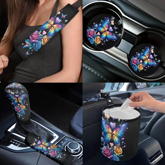Dngkaoje Butterfly Car Seat Covers Full Set 13 Pack Women Auto Interior Seat Protective for Front and Rear Cute Butterfly Print Car Accessories for Ladies Girly Hanging Trash Bag,Seatbelt Pads
