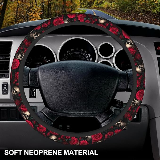 Red Rose Skull Steering Wheel Cover, Non-Slip Breathable Neoprene Steering Wheel Covers, Car Accessories Universal 15 Inch Fit Auto, Suvs, Truck