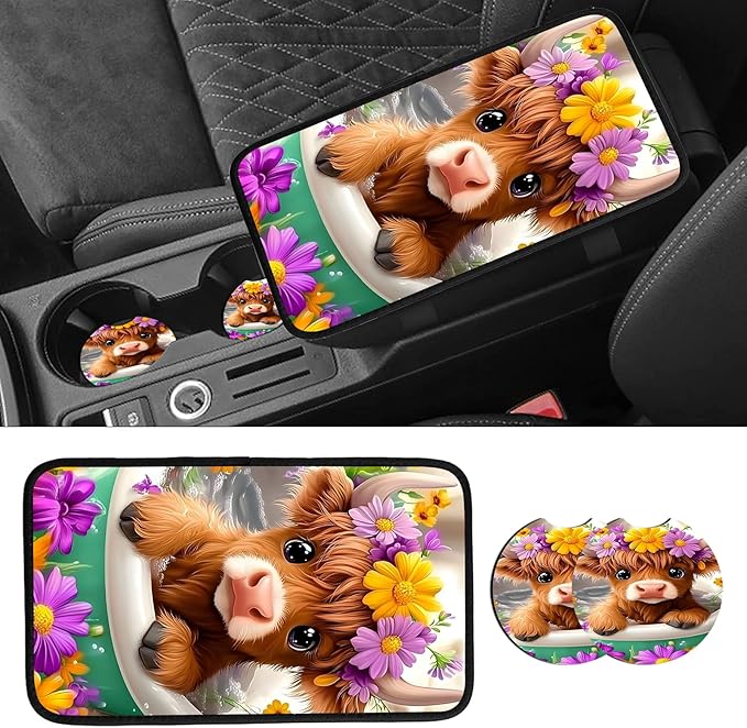 JANENFNA Car Armrest Cover Pads Universal Fashion Cute Auto Center Console Armrest Cover Pad with 2PCS Car Coasters Soft Waterproof Car Armrest Seat Protector for Women,Cow in Flower Bath