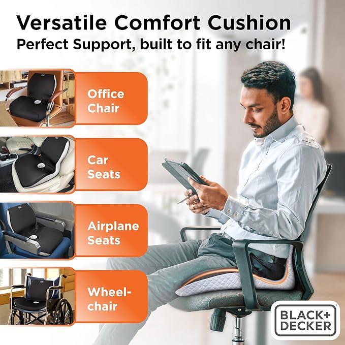 BLACK+DECKER Memory Foam Full Chair Shape Seat Cushion – Lumbar and Seat Cushion Combo for Office, Car, Wheelchair & Airplane – Ergonomic, Tailbone & Back Pain Relief, Washable Cover
