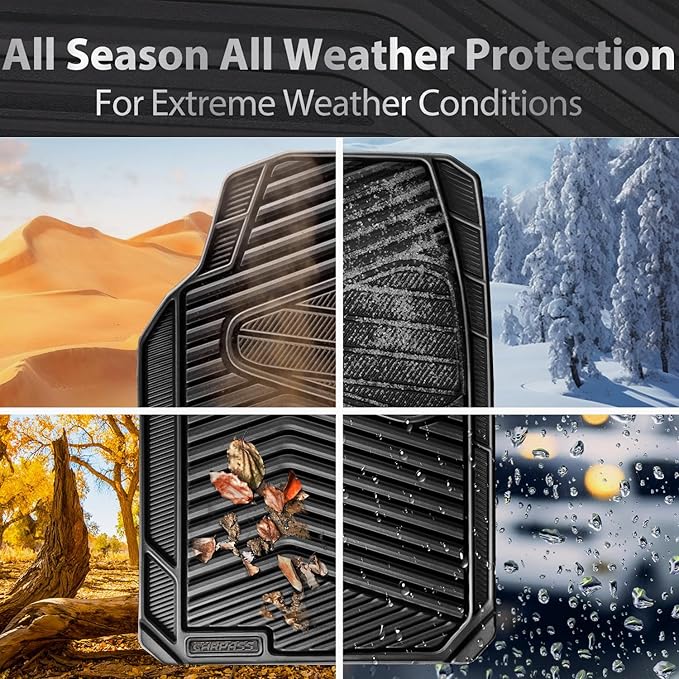 CAR PASS Rubber Car Mats, Waterproof Car Floor Mats All Weather,Car Mat Full Set 4 Pieces, Automotive Floor Mat Trim to Fit for Cars Sedans SUVs Trucks, Anti-Slip Easy Clean, All Black