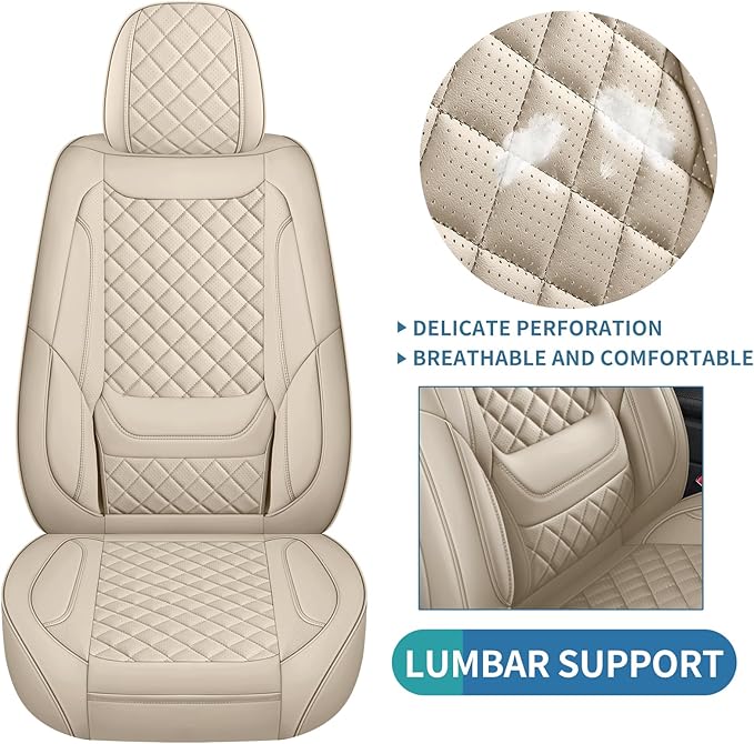 hoozoom Leather Seat Covers for Cars Breathable Front Seat Covers Waterproof Seat Protectors Universal Fit for Most Automotive Cars SUV Trucks Van (Beige, Front Pair)