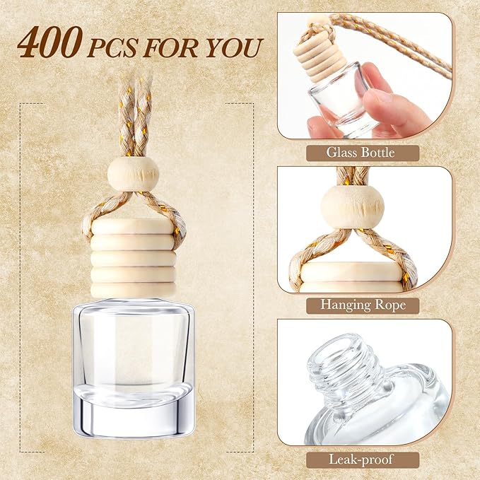 Zubebe 400 Pcs Hanging Car Air Freshener Diffuser Bottles Empty Bulk 8ml Clear Glass Essential Diffuser Oil Pendant Bottle Refillable Automotive Aromatherapy Fragrance Perfume Containers, Cylindrical