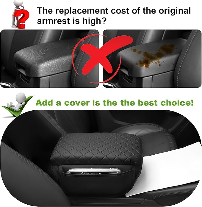 Armrest Cover for Toyota Tacoma Center Console Pad with Organizer Storage Pockets, Black Faux Leather Arm Rest Lid Protector Cushion Interior Accessories (2016-2023)