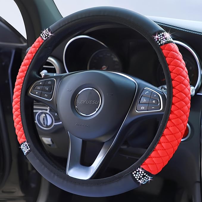 Bling Soft Leather Steering Wheel Cover 15 Inch with Sparkly Diamond Rhinestones for Women and Girls – Elastic Car Accessory for Most Cars (Red)