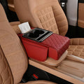 Multifunctional Pu Leather Car Armrest Box Mat With Cup Holders, Universal Armrest Box Pad, With Side Pockets, Easy To Clean Interior Organizer Waterproof For Cars, Trucks, Suvs (Quilted, Red)
