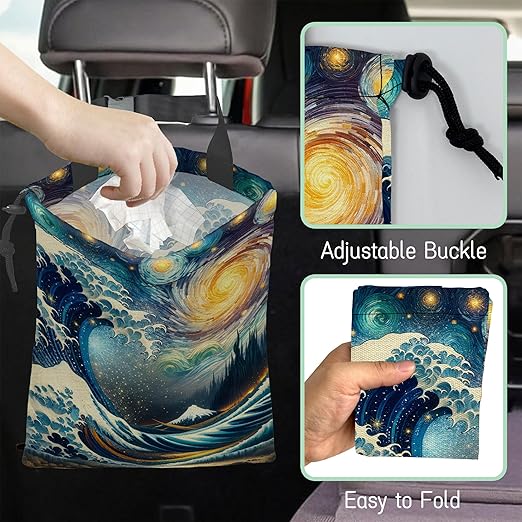 NHNXHWIA Sea Wave Car Trash Bag,Night Starry Sky Hanging Drawstring Car Garbage Bag,Waterproof Canvas Car Back Seat Organizer with Adjustable Buckle,for Vehicles,SUVs,Camping,Road Trips