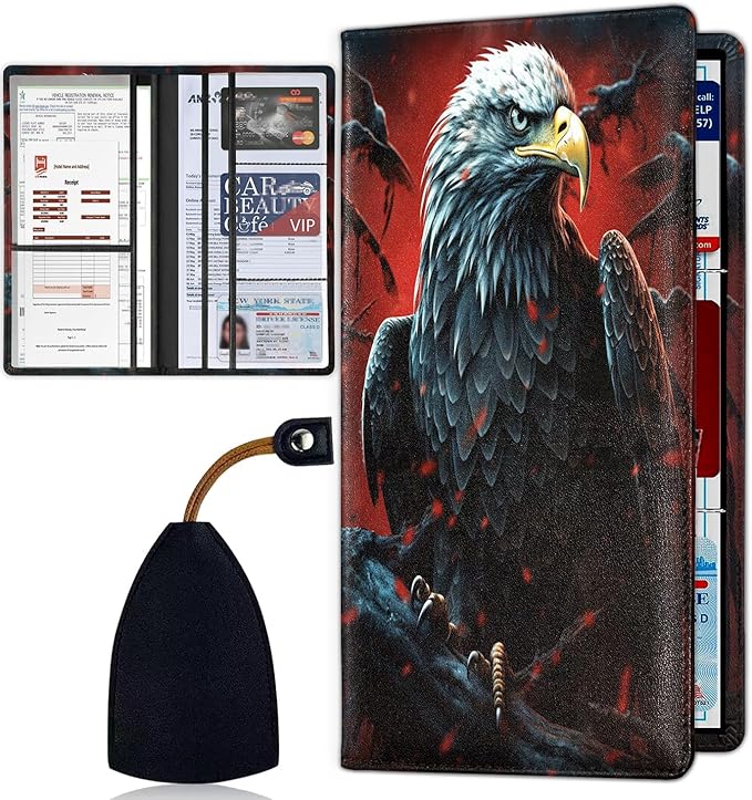 Car Document Holder with Magnetic Shut, Car Registration & Insurance Card Holder, Waterproof PU Leather Glove Box Organizer Vehicle Accessories Driver License for Women/Men, Scarlet Bald Eagle