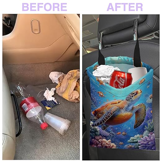 UUCBTAH Car Trash Bag Sea Turtles Car Garbage Bag Waterproof Car Trash Can for Back Seat with Adjustable Straps and Drawstring, Foldable Car Trash Bin for Car Accessories Vehicle Travelling Camping