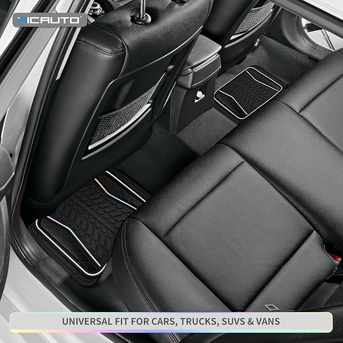 PIC AUTO Car Floor Mats, Black Aluminum-Molded with Full-Circle Iridescent Inlay Strip Car Mats, Universal-Fit Rubber Mats for Cars, Trucks & SUVs, All-Weather, Non-Slip, Easy-to-Clean Interior Mats