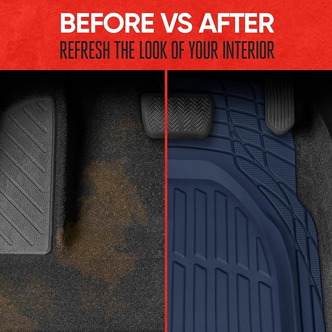 BDK Heavy Duty Blue Rubber Car Mats Full Set - Universal Trim-to-Fit All Weather Floor Mats - Floor Mats for Car Accessories - Front & Back Interior Floor Mats for Truck Accessories