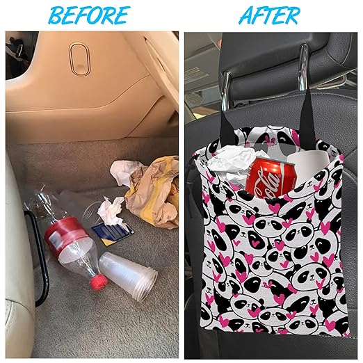 ghatobty Car Trash Bag Hanging Cute Panda and Heart Car Trash Can Waterproof Garbage Bag Hanging for Car Back Seat