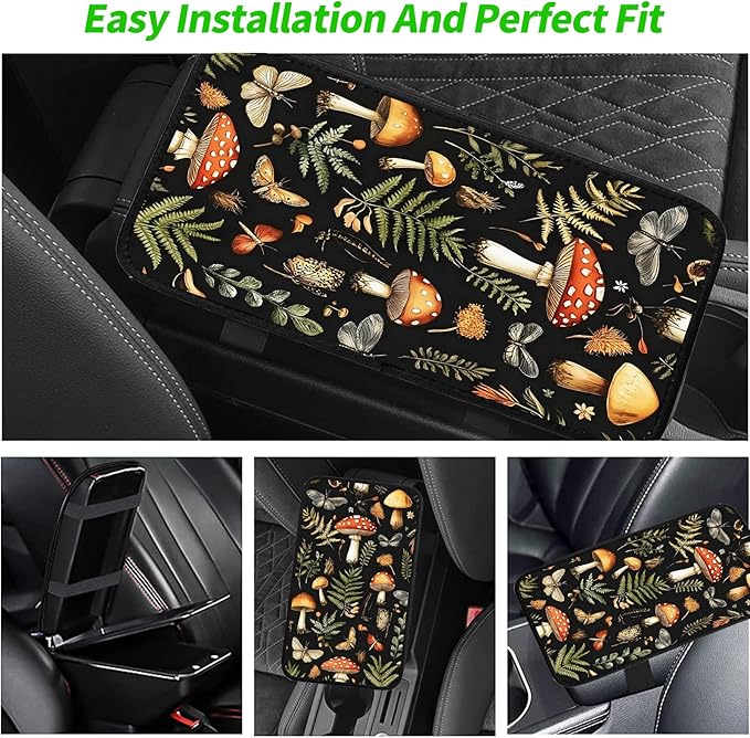 JANENFNA Car Armrest Cover Pads Universal Fashion Cute Auto Center Console Armrest Cover Pad with 2PCS Car Coasters Soft Waterproof Car Armrest Seat Protector for Women,Mushroom Insect Grass