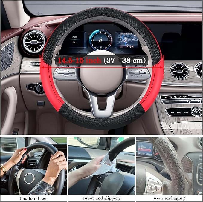 Black & Red Car Steering Wheel Cover, Microfiber, Leather Patchwork, Universal 14.5-15 Inch Leather Anti-Slip Breathable Auto Steering Wheel Covers for Men Women