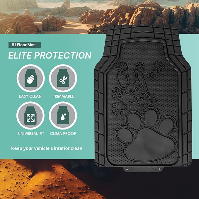 FH Group Car Floor Mats - Adorable Paw Print, Heavy-Duty Rubber Mats, Universal Fit Full Set, Climaproof, Trimmable, Fit Most Sedan, SUV, Truck - Black