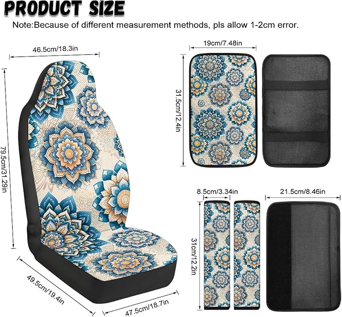 FUSURIRE Blue Mandala Flower Print Seat Covers for Cars Full Set 5-Pcs, PU Car Accessories Seat Belt Covers Pads + Vehicle Armrest Protector for Women Men Interior Accessories Decor
