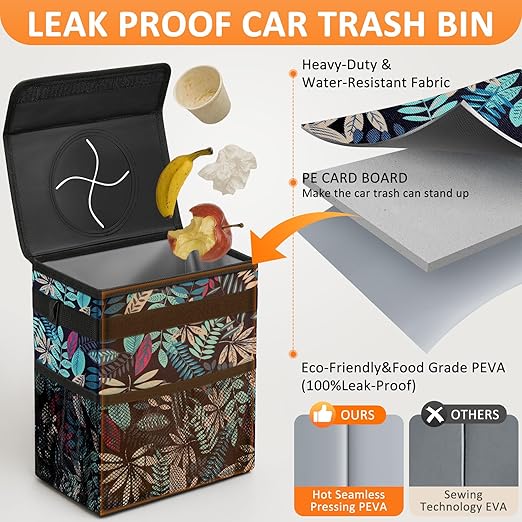 Vankor Car Trash Can for Car Cute, Bag Bin Hanging Waterproof Automotive Garbage Cans Leak Proof Vehicle Trash Can Colorful Leaves