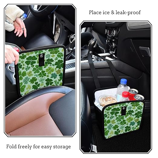 Car Trash Can Organizer Bin with Adjustable Strap for Back Front Seat Console Waterproof Leakproof Collapsible Portable 8.66 Inch Green Nature St Patrick Clovers