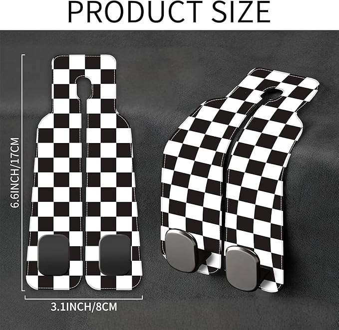 AEWNUNK Car Headrest Purse Hanger Black and White Checkered 1 Pack Bag Purse Holder for Car Premium Leather Double Metal Hook for Handbags, Grocery Bags and Phones