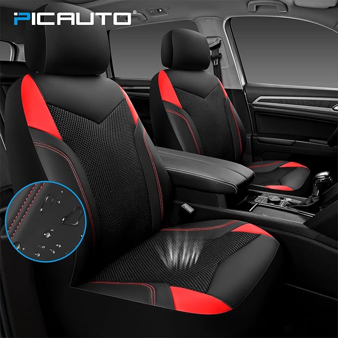 PIC AUTO Car Seat Cover, Super Breathable Mesh Front Seat Cover for Cars, Red Leather Seat Covers, Universal Fit, Durable, Airbag Compatible, Suitable for SUVs, Trucks, Sedans, and Vehicles