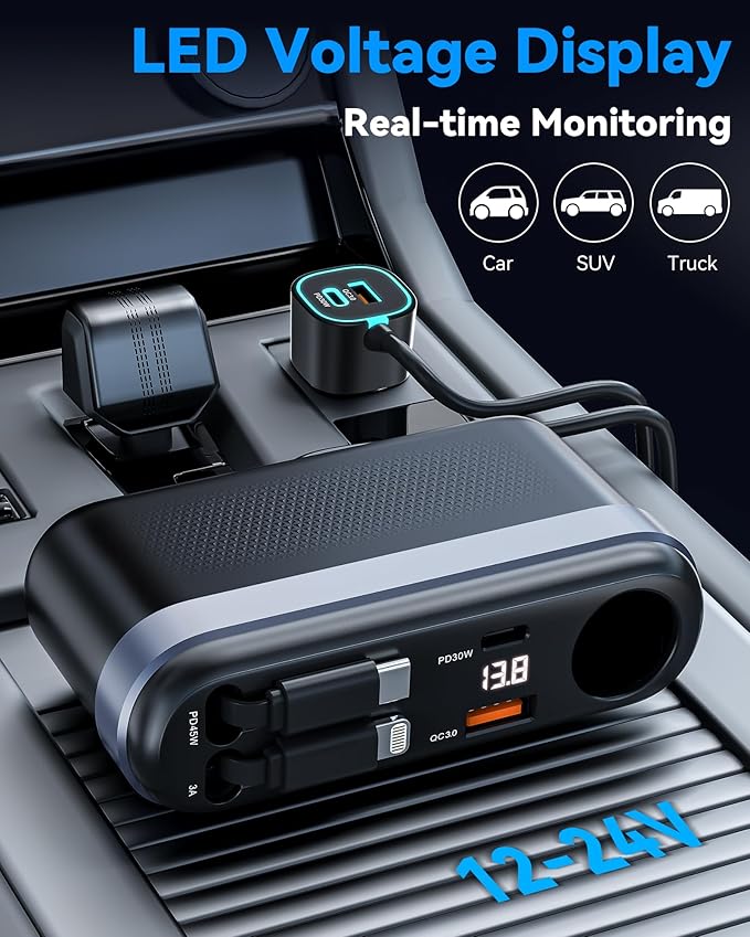 7-in-1 295W Cigarette Lighter Splitter, Cigarette Lighter Adapter with Retractable 45W USB-C/30W Lightning Cables, Car Charger Adapter with LED Voltage Display,5FT Extension Cord for All Car Devices