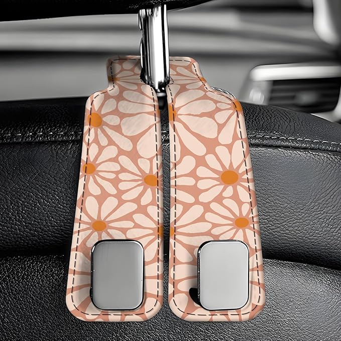 AXBSAKDI Car Seat Back Storage Headrest Hook, Premium Leather Double Metal Hook, Hanger Storage Organizer for Purse Cloth Bag, Car Interior Accessories Cute Boho Flowers