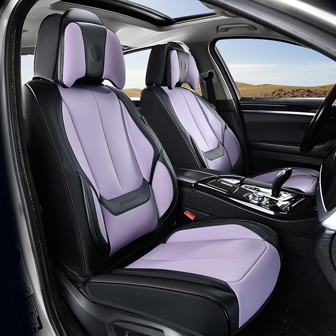 Coverado Universal Seat Covers Front, Universal Seat Covers for Cars, 2-Pack Waterproof Nappa Leather Car Seat Covers with Head Pillow, Auto Protectors Fit for Most Sedans SUV Truck-Black&Purple