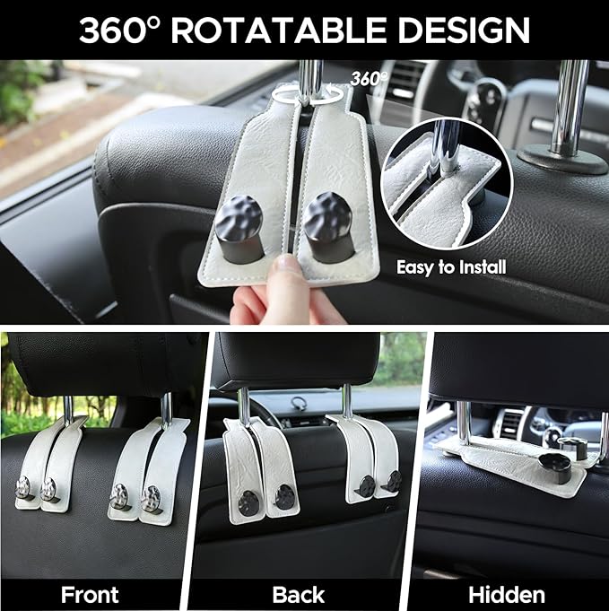 URIZZD 2PCS Leather Car Seat Hooks for Headrest, Vehicle Hanger Storage Organizer Universal for Handbag Purse, Car Accessories Gift (White-Black)