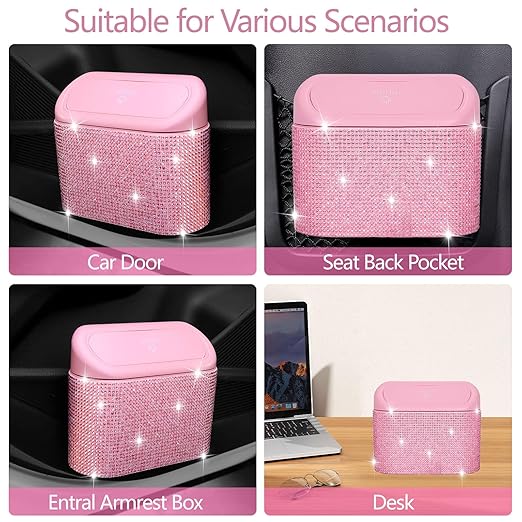 NBTEPEM Bling Pink Car Trash Can with Lid - 2 Pack, Mini Auto Garbage Can with 60 Trash Bags, Automotive Garbage Container Bin, Bling Car Accessories Trash Can for Women (Pink Diamond)