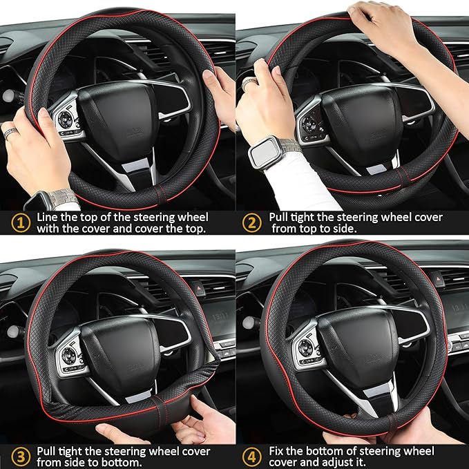 West Llama Microfiber Leather Car Steering Wheel Cover for Chevy Silverado,Tahoe,Equinox,Traverse,Trailblazer,Colorado (Black+Red Line - Standard Size)