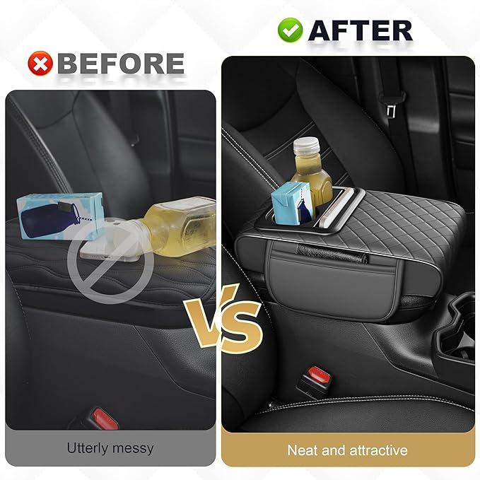 Center Console Cover for Clarity: Armrest Cover for Car with 2 Storage Bags - Waterproof Leather Center Console Cover with Cup Holder for Car,Anti-Scratch Auto Armrest Pad Accessory （Grey