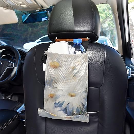 ALAZA Hanging Car Trash Bags Garbage Bag Trash Can for Back Seat Small Daisy White Flower 1 Washable Storage Bag Retractable 2 Pack