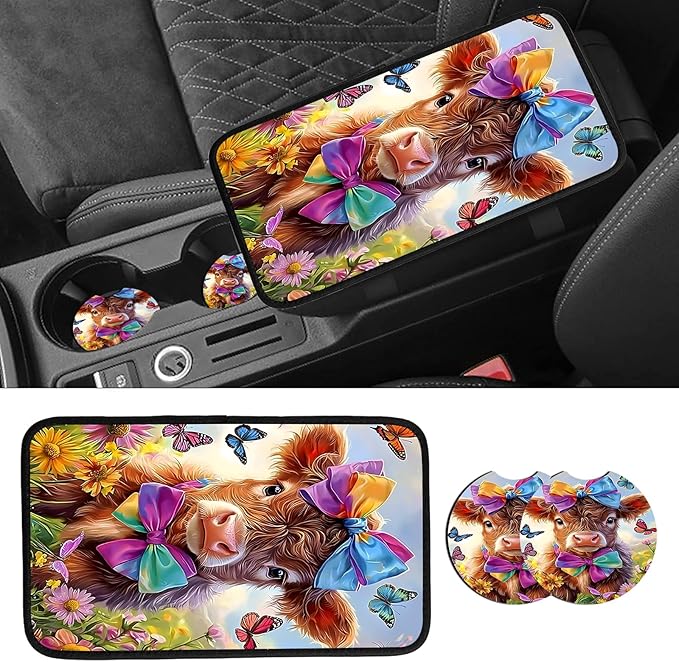 JANENFNA Car Armrest Cover Pads Universal Fashion Cute Auto Center Console Armrest Cover Pad with 2PCS Car Coasters Soft Waterproof Car Armrest Seat Protector for Women,Calf with Colorful Bows-A