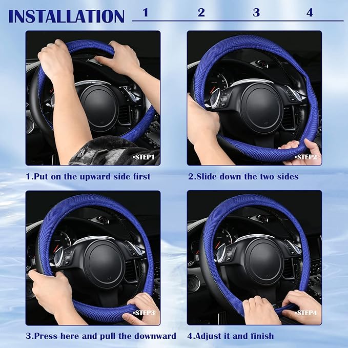 CAR PASS 3D Air Mesh Car Seat Covers Full Sets w/5mm Sponge, 4Pcs Waterproof Car Floor Mats, Steering Wheel Cover Universal Fit for SUV Sedan Truck, Airbag Compatible Automotive Interior(black & blue)