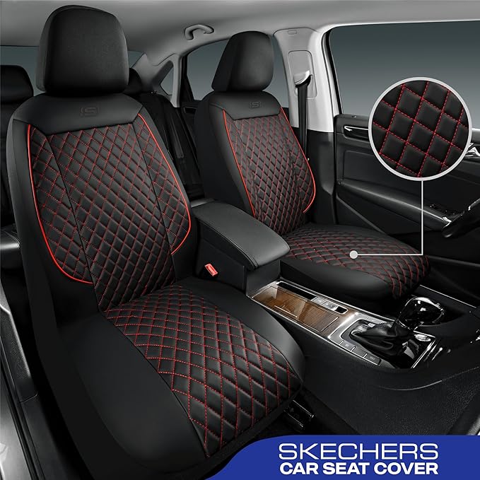 Skechers Car Seat Covers,Piping Luxury Faux Seat Covers,Waterproof Anti Slip Car Seat Protector Front Seats,Car Accessories Airbag Universal Fit for Most Cars,Vans,Trucks,SUV,Red