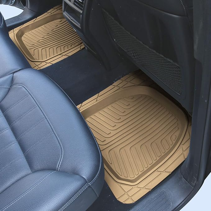 FH Group Universal Fit Heavy Duty Rubber Trimmable Tray Liners Automotive Floor Mats fits Most Cars, SUVs, and Trucks, Full Set Beige