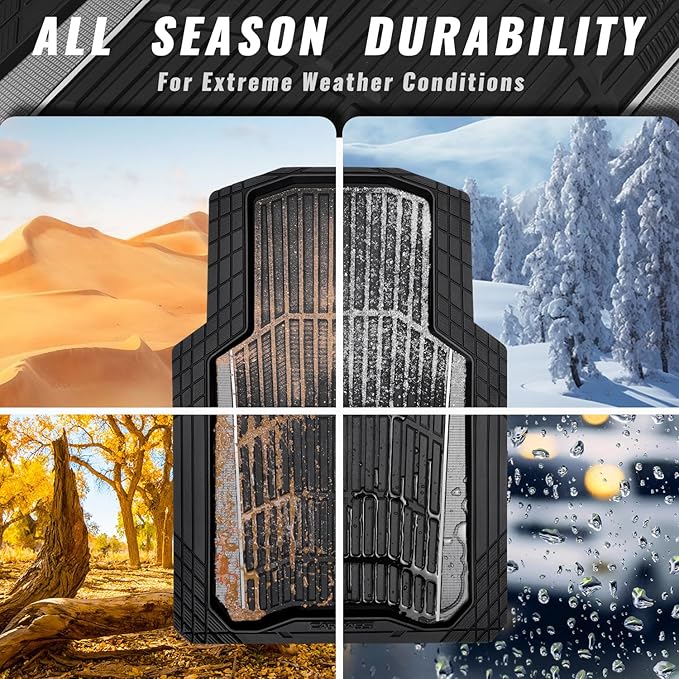 CAR PASS Heavy Duty Rubber Car Floor Mats, Deep Waterproof Car Floor Mats All Weather, Aluminum Film Floor Mats for Cars Non-Slip Universal Trim to Fit for SUVs Trucks Sedans Vans, Black Grey Metallic