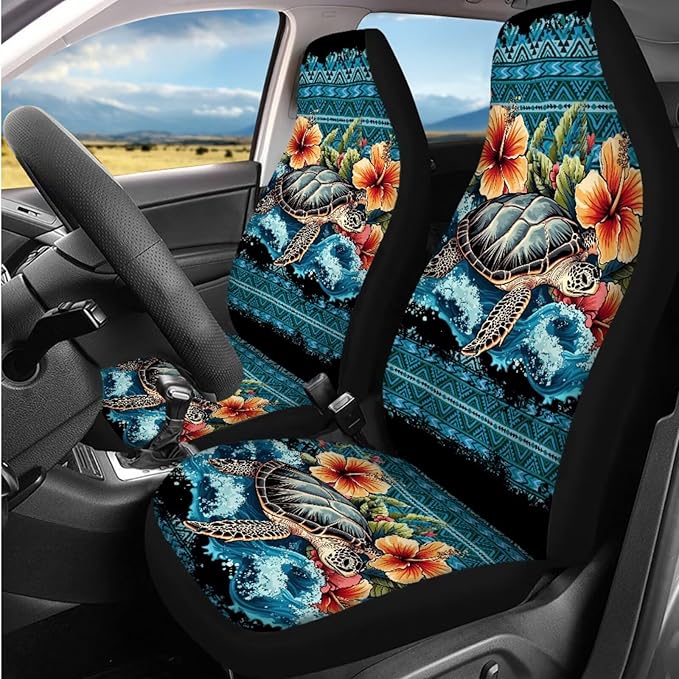 Dngkaoje 13 Pcs Sea Turtle Car Seat Covers Full Set for Men Women Auto Interior Seat Protector Full Set Hawaiin Sea Turtle Printed Hanging Trash Bag,Seatbelt Shoulder Pads,Armrest Pad,Cup Mats
