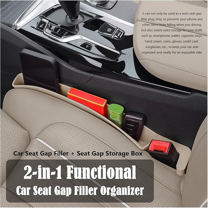 Berylins Seat Gap Storage Box for Your Car,Trucks, Auto Side Seat Gap Filler Organizer 2 Pack, Fill the Gap Space Between the Console and Seats, Universal Car Accessories Gap Filler, Beige