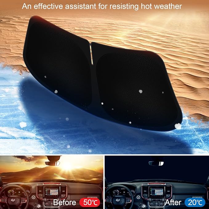 Car Windshield Sun Shade Compatible with 2019-2023 2024 2025 2026 Dodge Ram 1500 2Dr RegularCab, 4Dr QuadCab, CrewCab, MegaCab Accessories Foldable Sunshade Truck Custom Windshield Sun Visor