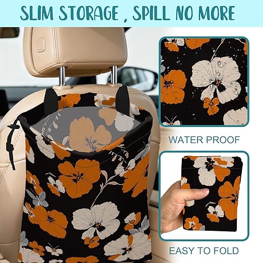 KXWQTRDD Car Garbage Bag Orange and White Floral and Butterfly Drawstring Car Trash Bag Hanging for Back Seat with Adjustable Buckle Canvas Vehicle Trash Can Easy-to-Install