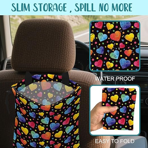 KXWQTRDD Car Trash Bag Watercolor Colorful Hearts Leak-Proof Waterproof Car Garbage Bag with Drawstring Foldable Canvas Trash Bin with Adjustable Buckle for Car Accessories, Travelling, Camping
