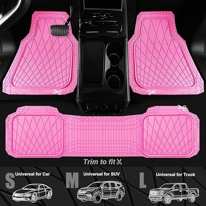 CAR PASS Heavy Duty Rubber Car Floor Mats, Deep Dish All Weather Car Mats Full Set, 3 Piece Waterproof Premium Anti-Slip Floor Mats Rugs Universal Trim to Fit for 95% Sedan SUV Van Truck, Pink
